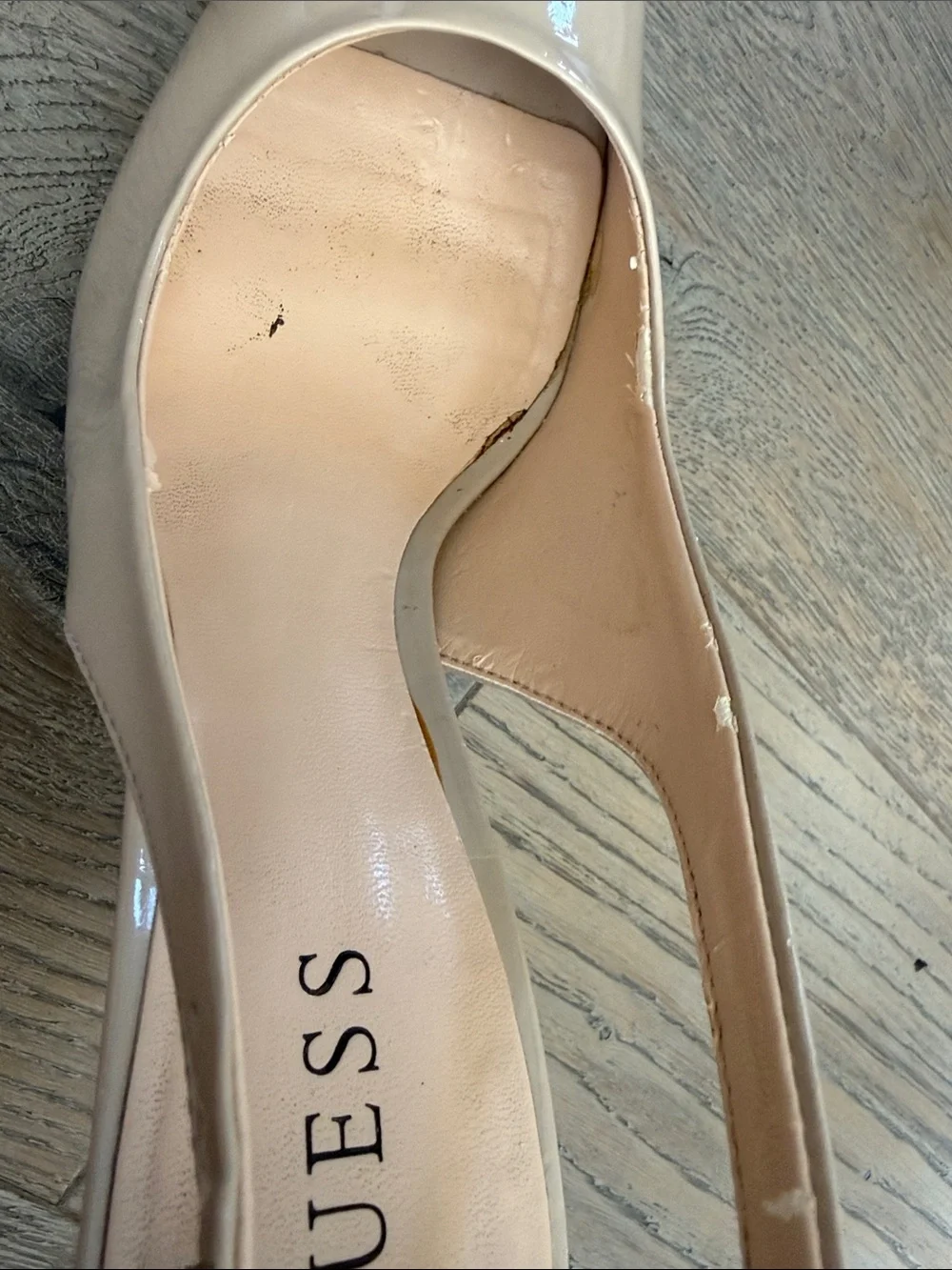 GUESS Nude Patent Slingback Peep Toe 4 3/4” Platform Heels- 8 1/2 M